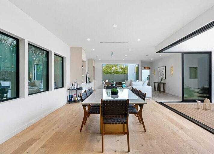Modern dining area with large windows